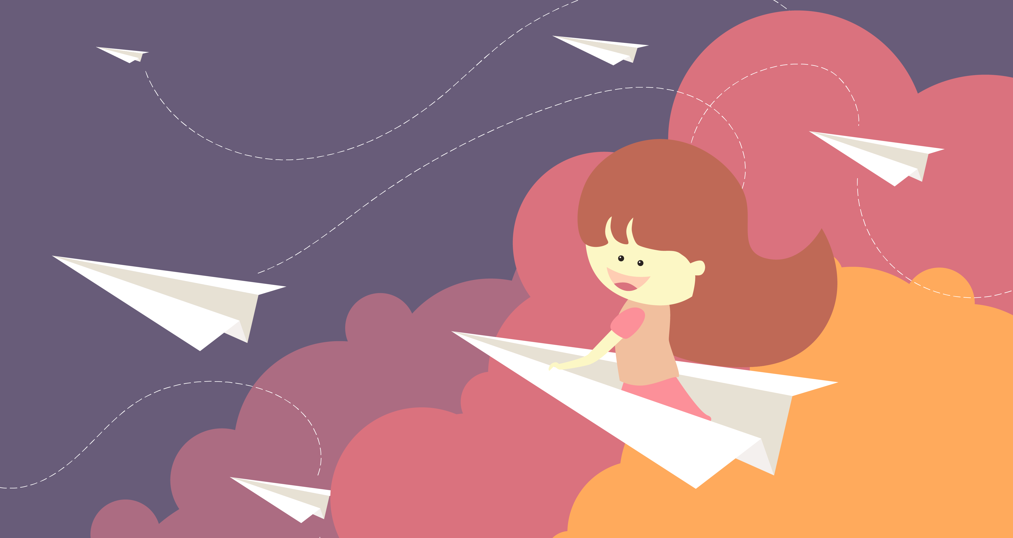 girl flying on paper airplane